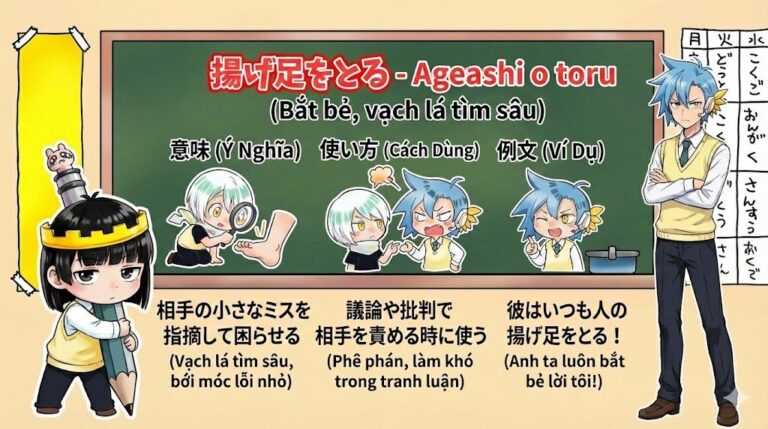 Ý nghĩa, cách dùng và ví dụ về quán dụng ngữ tiếng Nhật "Ageashi o toru"